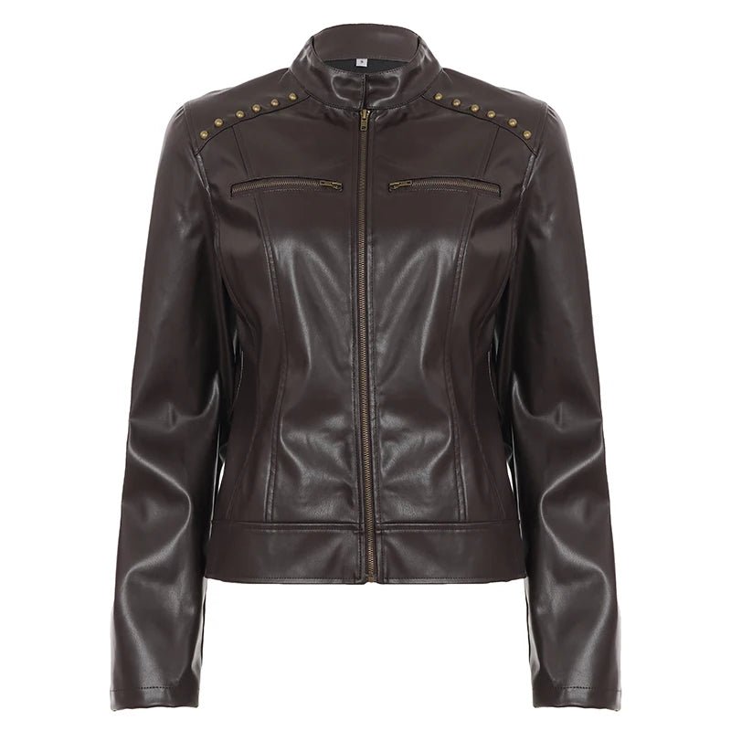 Solid Color Casual PU Biker Jacket Autumn Stand Collar Woven Windproof Long Sleeve with Zippers Factory Direct - Zeprah