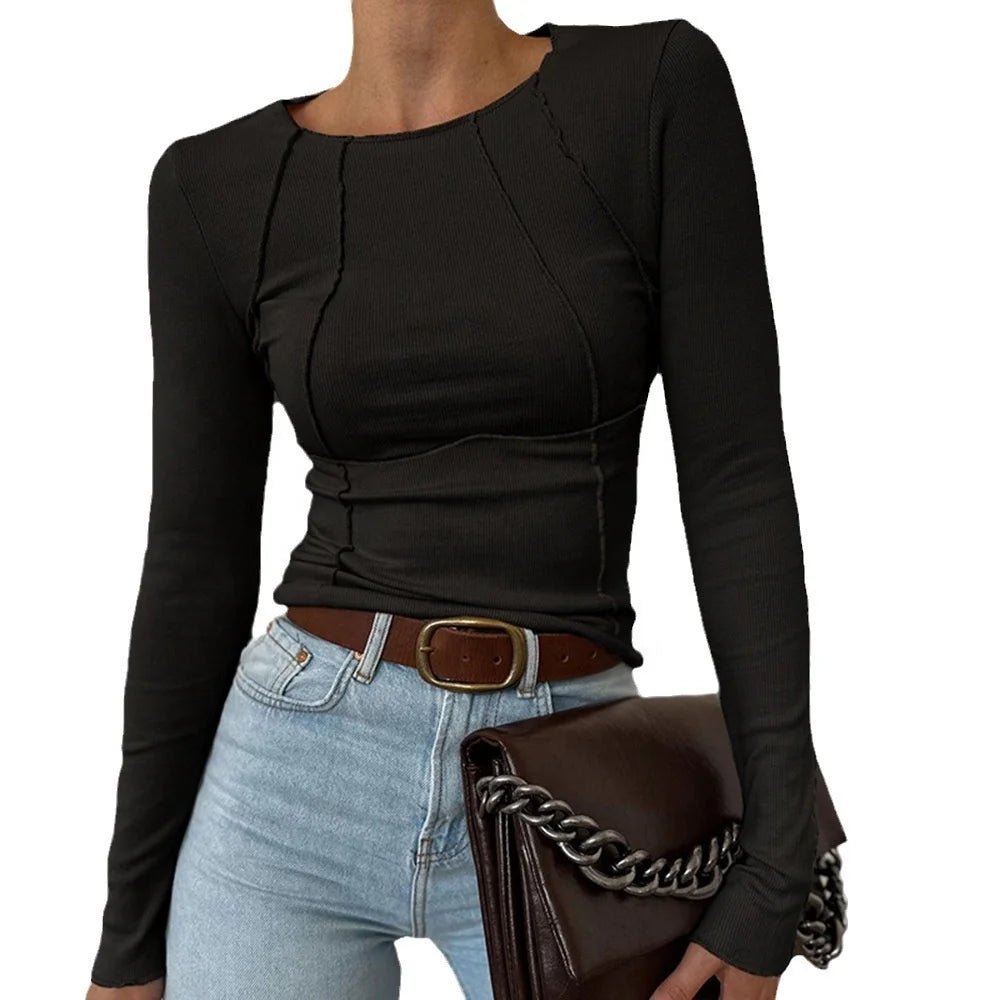 Solid Color Long Sleeve Round Neck T-shirt Spring and Autumn New Top for Women - Zeprah