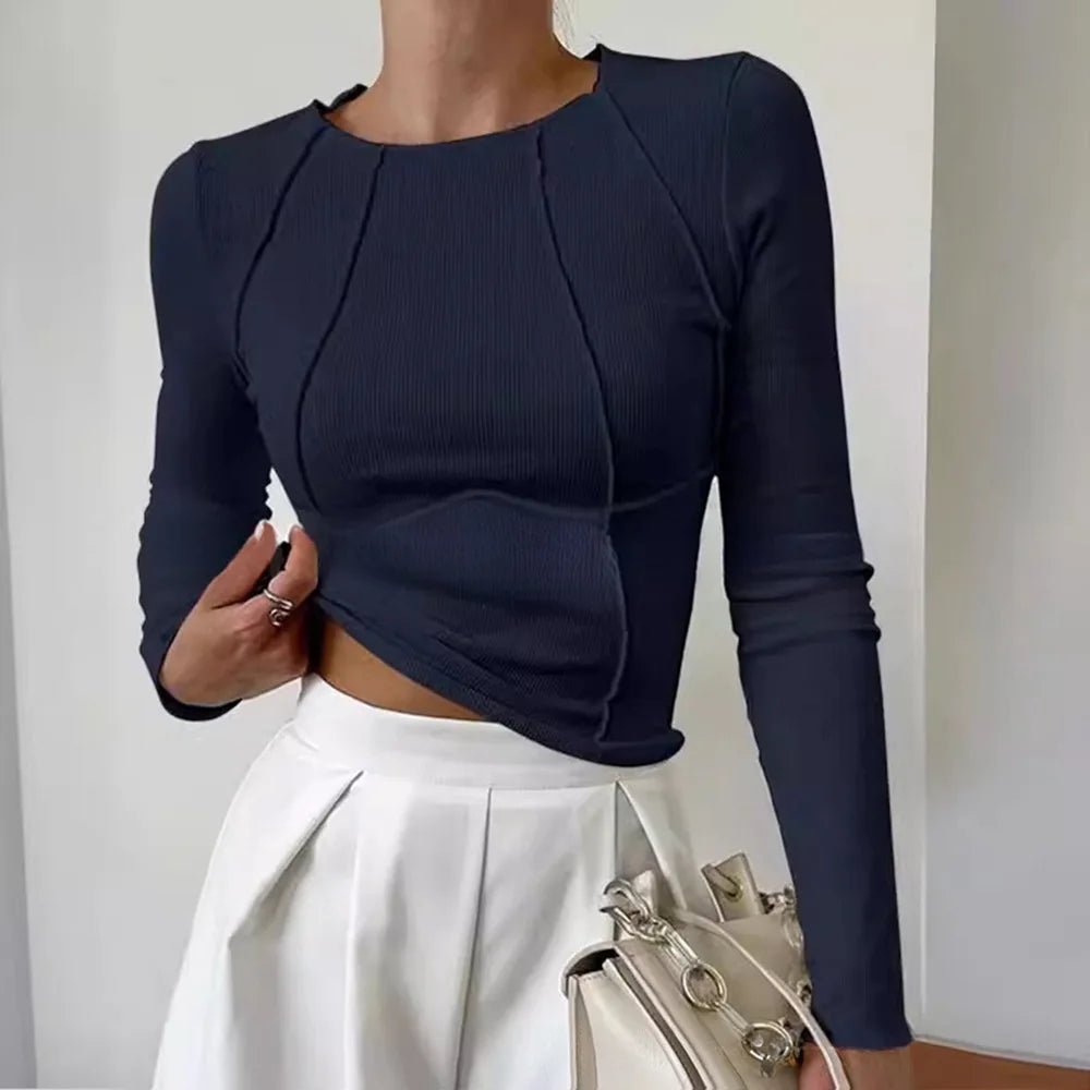 Solid Color Long Sleeve Round Neck T-shirt Spring and Autumn New Top for Women - Zeprah