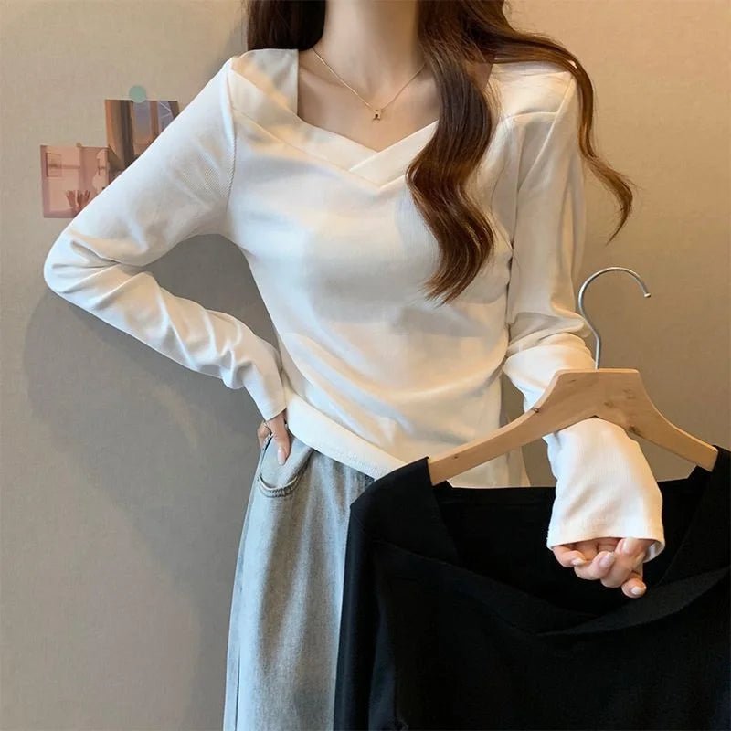Solid Long Sleeve Base Shirt Slim - fit Long - sleeved Top V - neck Classic Long Sleeve T-shirt - Zeprah