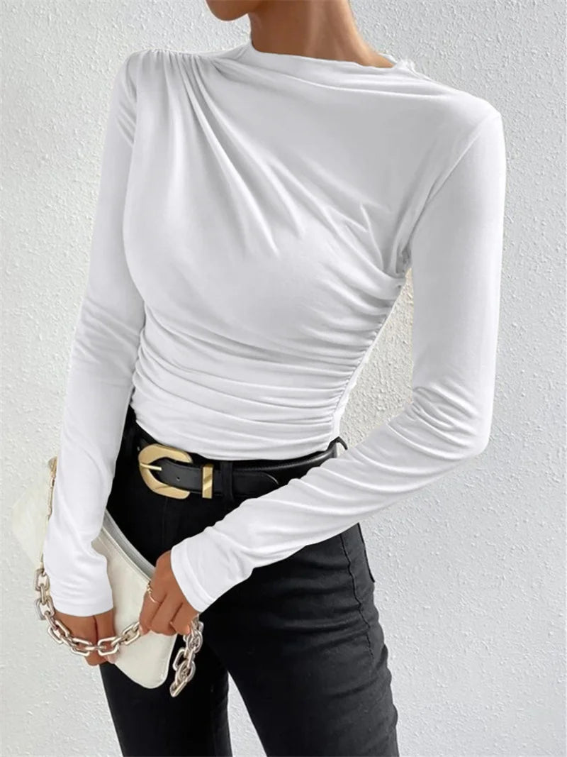 Solid Ruching Long Sleeve Base Shirt Best Sale Long - sleeved Top Slim - fit Base Top - Zeprah