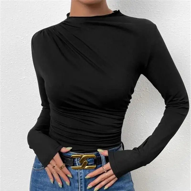 Solid Ruching Long Sleeve Base Shirt Best Sale Long - sleeved Top Slim - fit Base Top - Zeprah