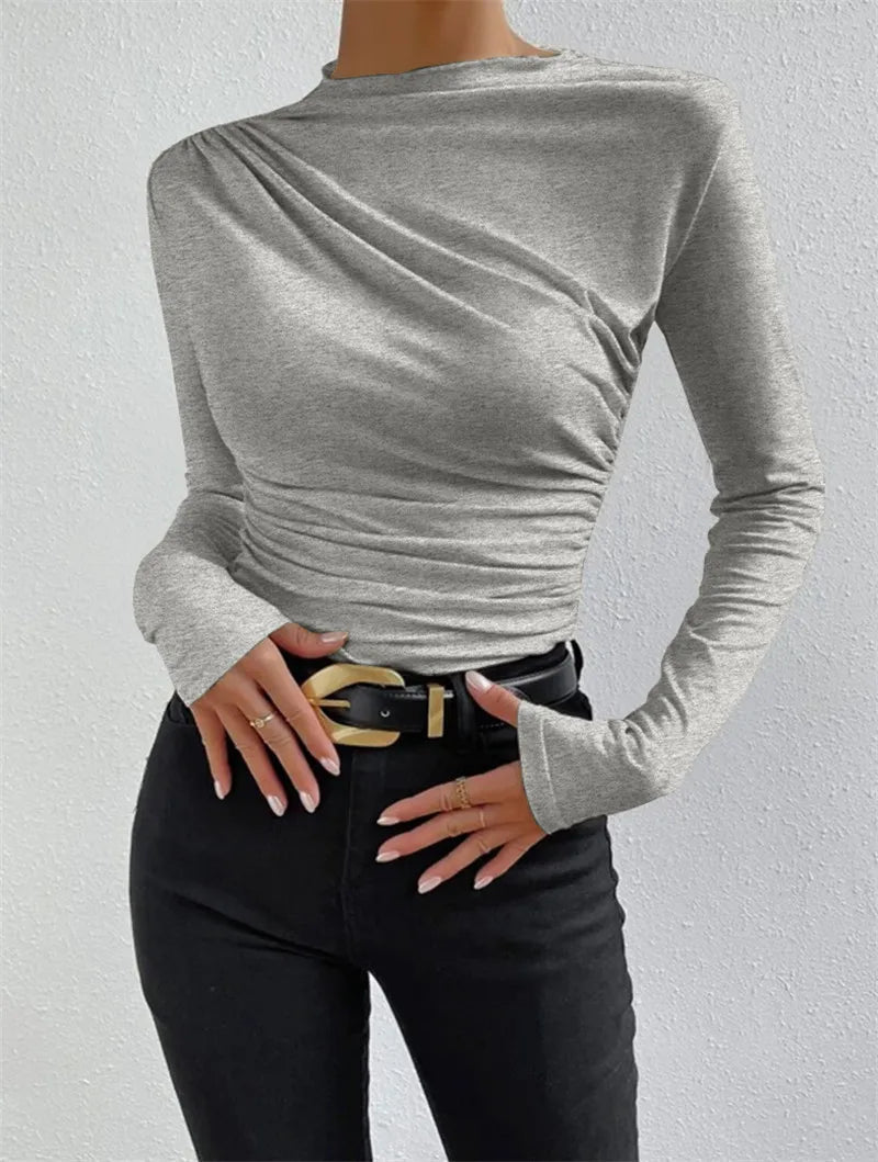 Solid Ruching Long Sleeve Base Shirt Best Sale Long - sleeved Top Slim - fit Base Top - Zeprah