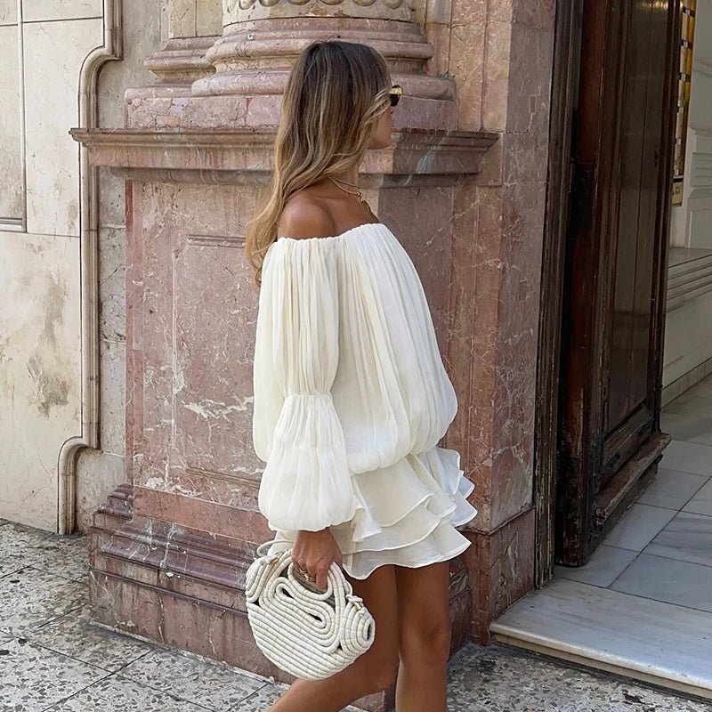 Sparkling Mermaid Scale Woven Fabric Casual off Shoulder Mini Dress Plain Dyed Natural Waistline for Holiday Celebration - Zeprah