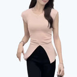 Split Top Short Sleeve T-shirt Knitted Tops for Women Sleeveless T-shirt - Zeprah