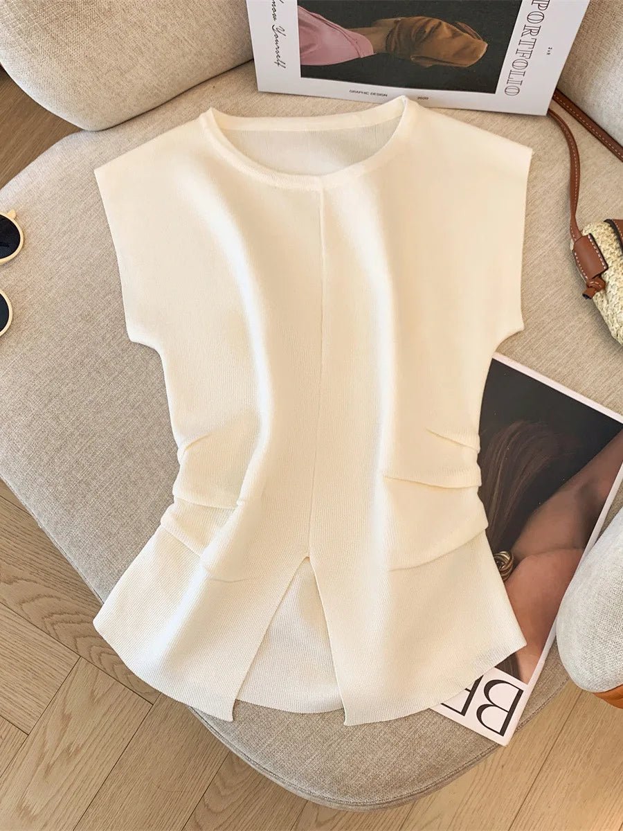 Split Top Short Sleeve T-shirt Knitted Tops for Women Sleeveless T-shirt - Zeprah