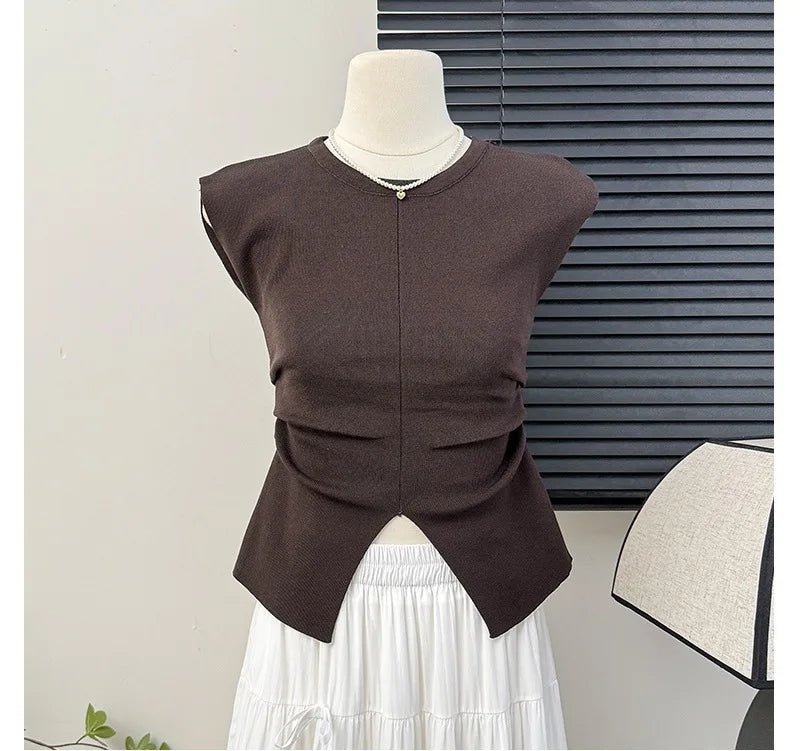 Split Top Short Sleeve T-shirt Knitted Tops for Women Sleeveless T-shirt - Zeprah
