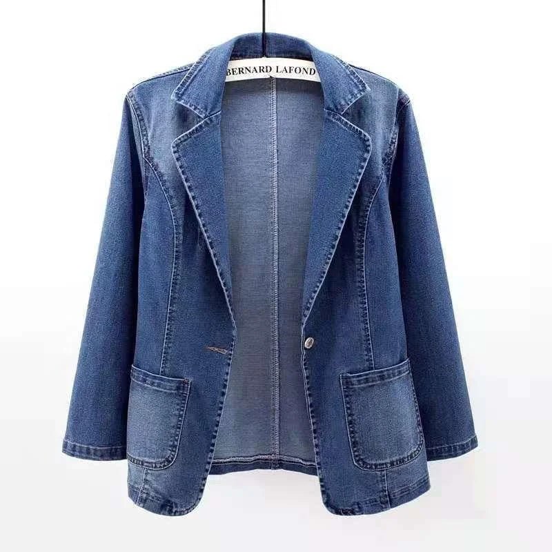 Spring and Autumn New Denim Coat Women's Loose - fit Solid Color Cardigan Collar Outer Wear One Button CoatTrendy - Zeprah