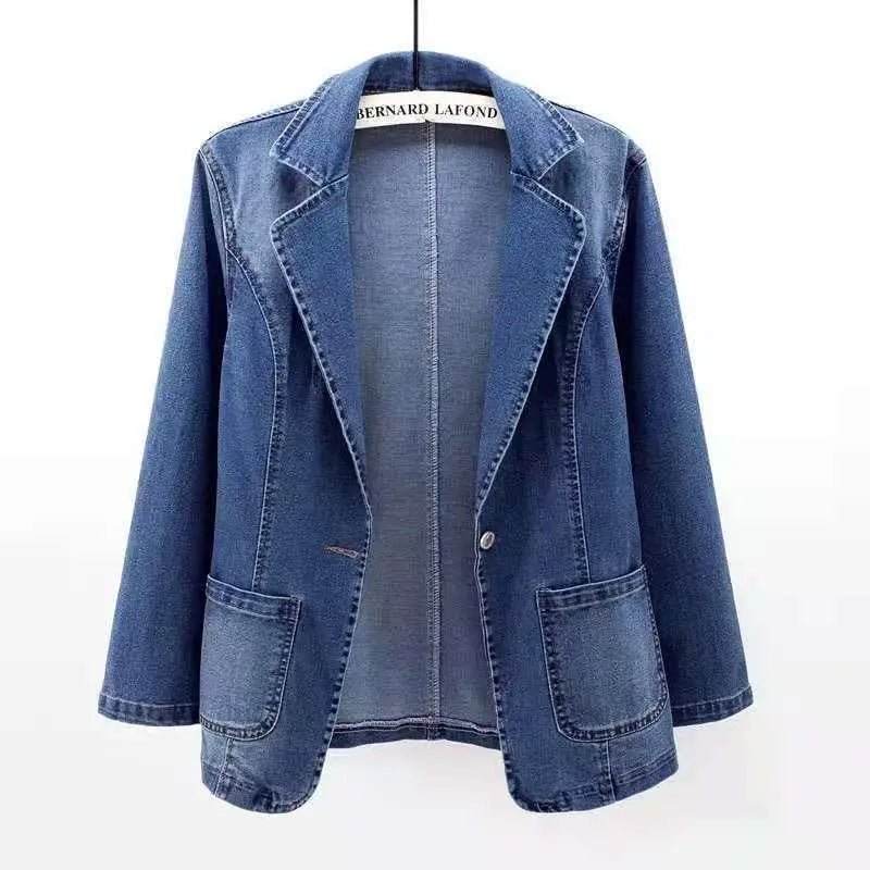 Spring and Autumn New Denim Coat Women's Loose - fit Solid Color Cardigan Collar Outer Wear One Button CoatTrendy - Zeprah