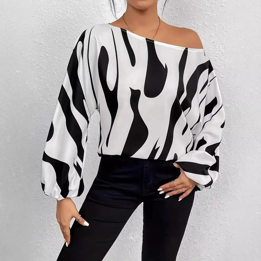 Spring and Summer Geometric Printing Fashion Casual Women's T-Shirt Off - Shoulder Long Sleeve Top - Zeprah
