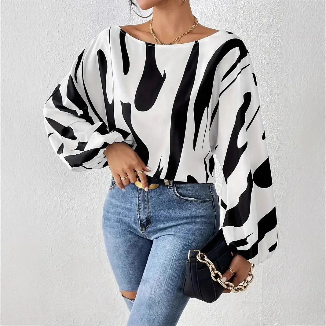 Spring and Summer Geometric Printing Fashion Casual Women's T-Shirt Off - Shoulder Long Sleeve Top - Zeprah