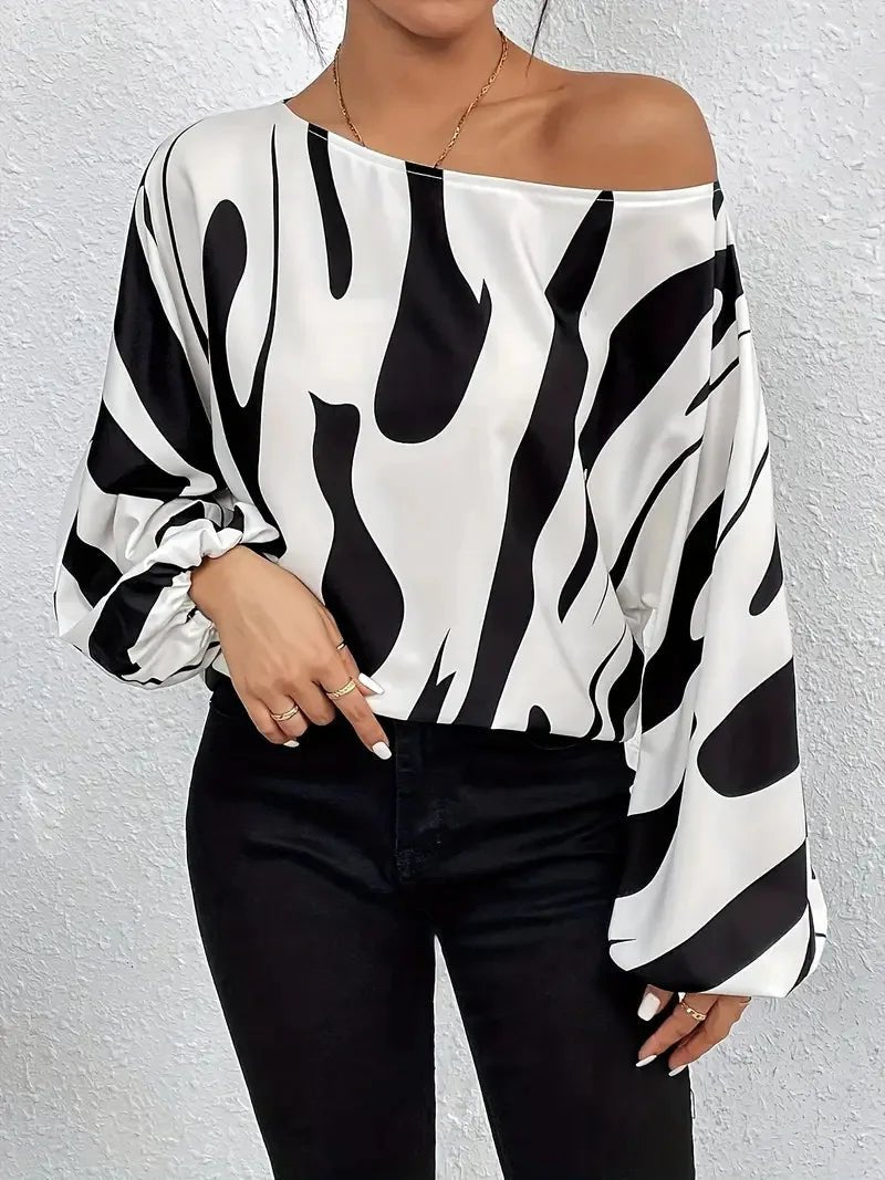 Spring and Summer Geometric Printing Fashion Casual Women's T-Shirt Off - Shoulder Long Sleeve Top - Zeprah