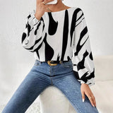Spring and Summer Geometric Printing Fashion Casual Women's T-Shirt Off - Shoulder Long Sleeve Top - Zeprah