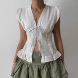 Spring Summer Women's Woven Blouse Sweet Solid Color Top Lace Trim V Neck Tie Belt Bubble Short Sleeves Eco - Friendly - Zeprah