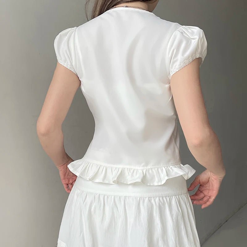 Spring Summer Women's Woven Blouse Sweet Solid Color Top Lace Trim V Neck Tie Belt Bubble Short Sleeves Eco - Friendly - Zeprah