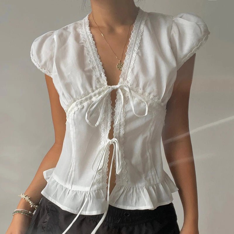 Spring Summer Women's Woven Blouse Sweet Solid Color Top Lace Trim V Neck Tie Belt Bubble Short Sleeves Eco - Friendly - Zeprah