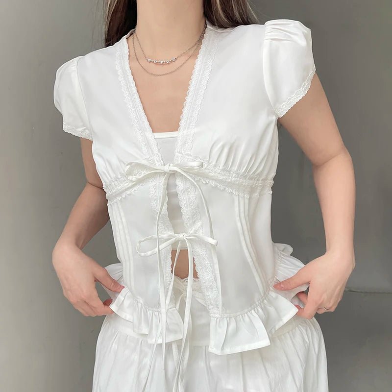 Spring Summer Women's Woven Blouse Sweet Solid Color Top Lace Trim V Neck Tie Belt Bubble Short Sleeves Eco - Friendly - Zeprah