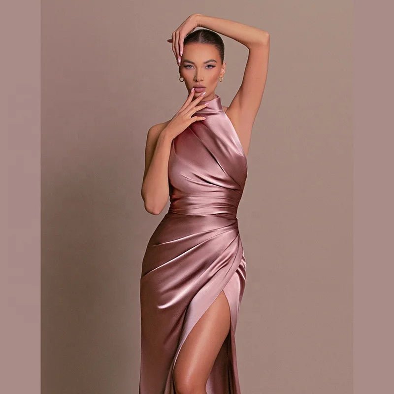 Spring Women Clothing High Neck Sleeveless Split Bottoming Stand Collar Dress Women Modest Evening Dress Prom Dresses - Zeprah