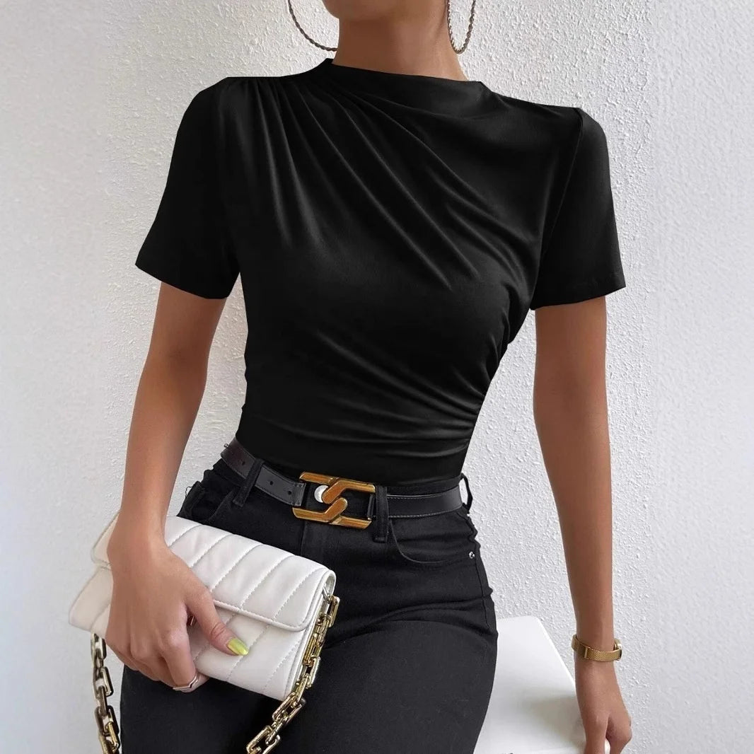 Spring/summer Small High Collar Pleated Slim Short Sleeve Ladies' T-shirt - Zeprah