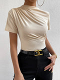 Spring/summer Small High Collar Pleated Slim Short Sleeve Ladies' T-shirt - Zeprah