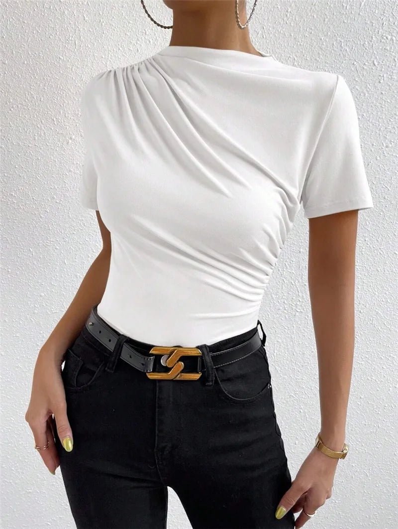Spring/summer Small High Collar Pleated Slim Short Sleeve Ladies' T-shirt - Zeprah
