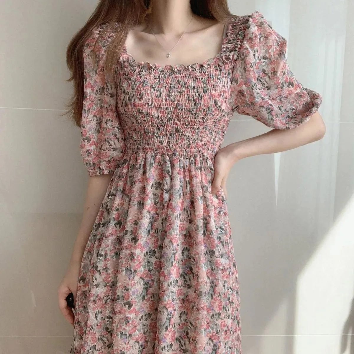 Square Collar Dress Puff Sleeve Women's Dresses Floral Printed Midi Dress - Zeprah