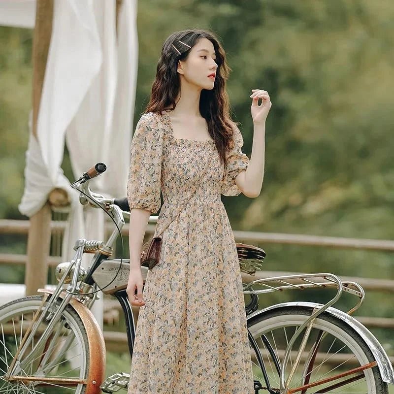 Square Collar Dress Puff Sleeve Women's Dresses Floral Printed Midi Dress - Zeprah