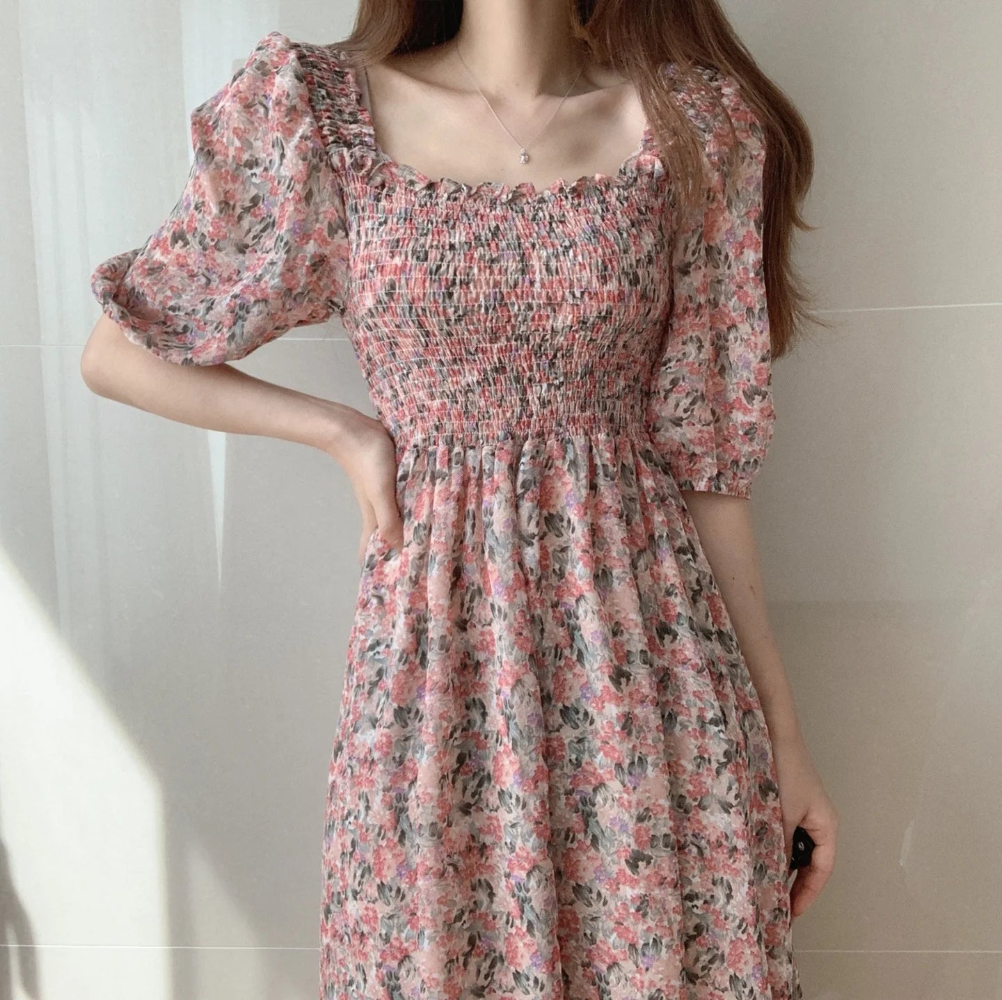 Square Collar Dress Puff Sleeve Women's Dresses Floral Printed Midi Dress - Zeprah