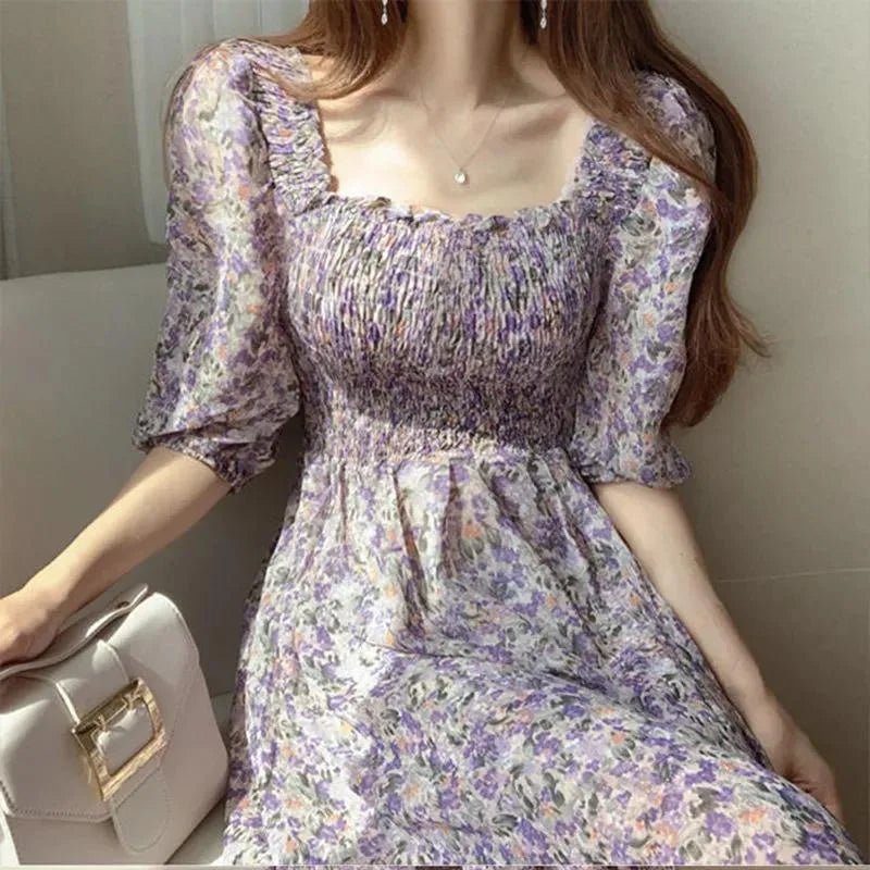 Square Collar Dress Puff Sleeve Women's Dresses Floral Printed Midi Dress - Zeprah