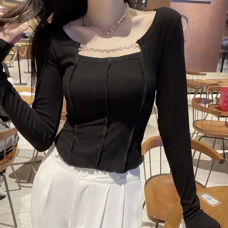 Square Collar Irregular Blouse Lightweight Crop Top Slim - fit Long Sleeve T-shirt - Zeprah