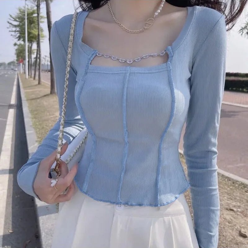 Square Collar Irregular Blouse Lightweight Crop Top Slim - fit Long Sleeve T-shirt - Zeprah