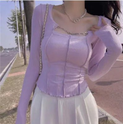Square Collar Irregular Blouse Lightweight Crop Top Slim - fit Long Sleeve T-shirt - Zeprah