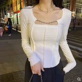 Square Collar Irregular Blouse Lightweight Crop Top Slim - fit Long Sleeve T-shirt - Zeprah