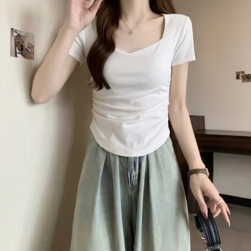 Square Collar Shoulder Short - sleeved T-shirt Women's Summer 2025 New Slim - fit Slimming Short Student Ruched T-shirt - Zeprah