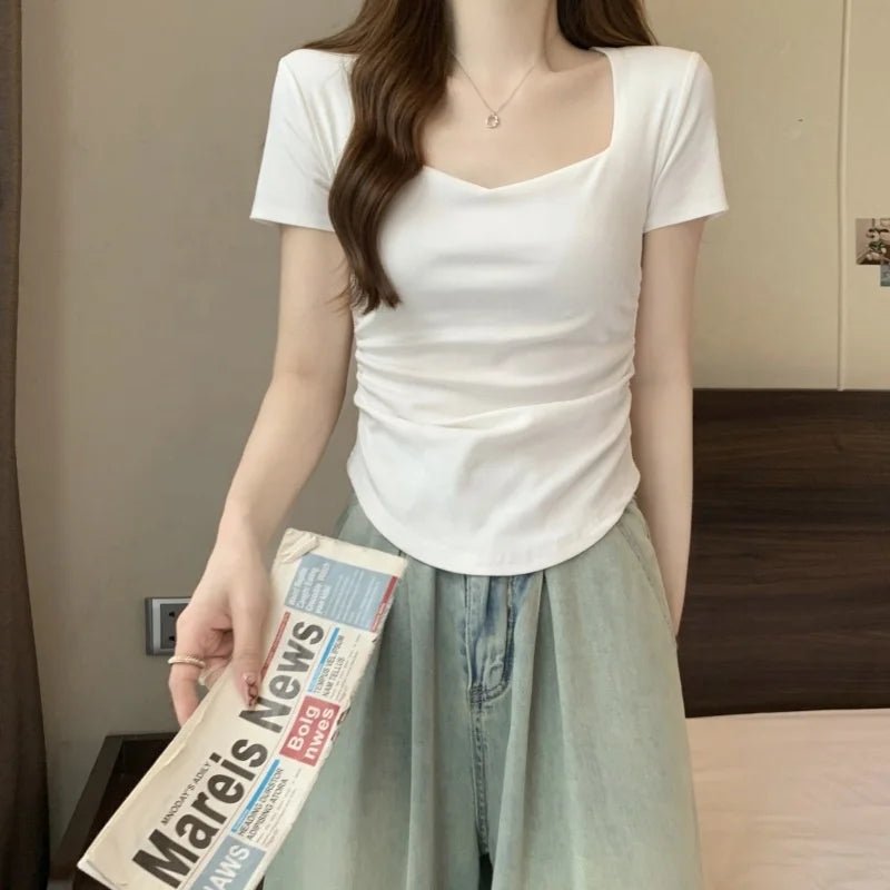 Square Collar Shoulder Short - sleeved T-shirt Women's Summer 2025 New Slim - fit Slimming Short Student Ruched T-shirt - Zeprah