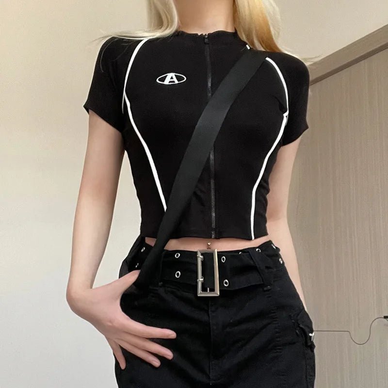 Stand Collar Graphic Tee Zipper Tops for Women Embroidery Short - Sleeved Tee - Zeprah