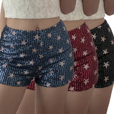 Star Print Patchwork Sequin Shorts Elastic Waist Low Rise Contrast Color Sexy Skinny Fit Eco - Friendly Anti - Wrinkle Shorts - Zeprah