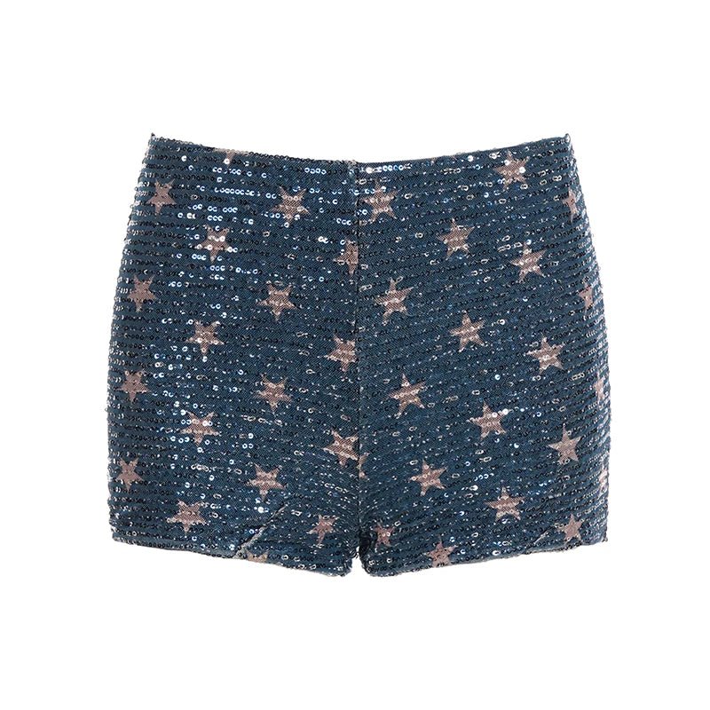 Star Print Patchwork Sequin Shorts Elastic Waist Low Rise Contrast Color Sexy Skinny Fit Eco - Friendly Anti - Wrinkle Shorts - Zeprah