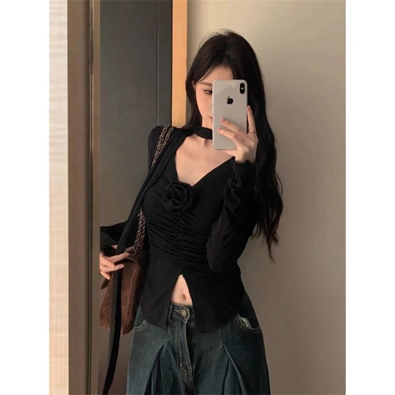 Stitching Pleated Flower V - neck Long - sleeved Women's T-shirt Spring New Sweet and Hot Style Slim - fit Short Top Clothes - Zeprah