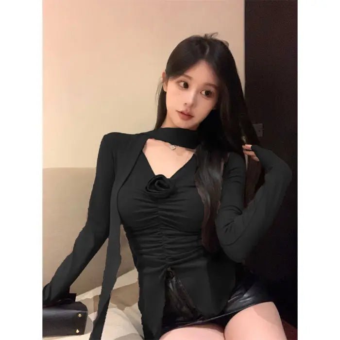 Stitching Pleated Flower V - neck Long - sleeved Women's T-shirt Spring New Sweet and Hot Style Slim - fit Short Top Clothes - Zeprah