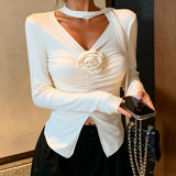Stitching Pleated Flower V - neck Long - sleeved Women's T-shirt Spring New Sweet and Hot Style Slim - fit Short Top Clothes - Zeprah