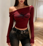 Straight Shoulder Base Sweater Oblique Shoulder Long Sleeve T-shirt Slim - fit Long Sleeve Short Top - Zeprah