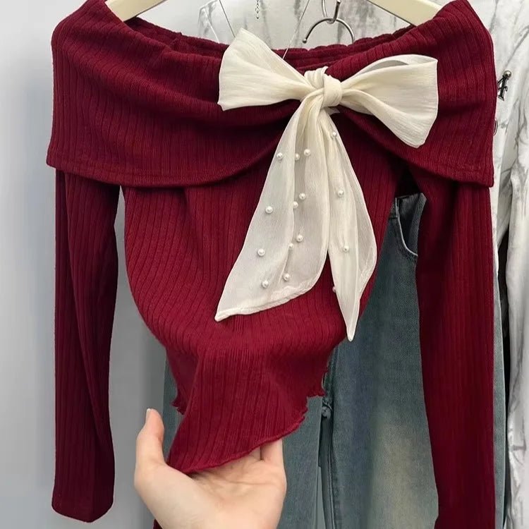 Straight Shoulder Long Sleeve Base Shirt Irregularity Long - sleeved Top Bow Long Sleeve Knit Base - Zeprah