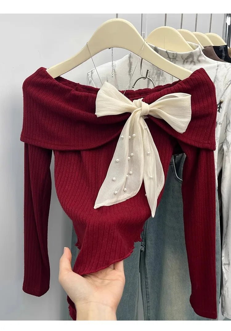 Straight Shoulder Long Sleeve Base Shirt Irregularity Long - sleeved Top Bow Long Sleeve Knit Base - Zeprah