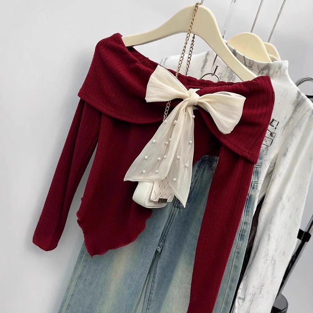 Straight Shoulder Long Sleeve Base Shirt Irregularity Long - sleeved Top Bow Long Sleeve Knit Base - Zeprah