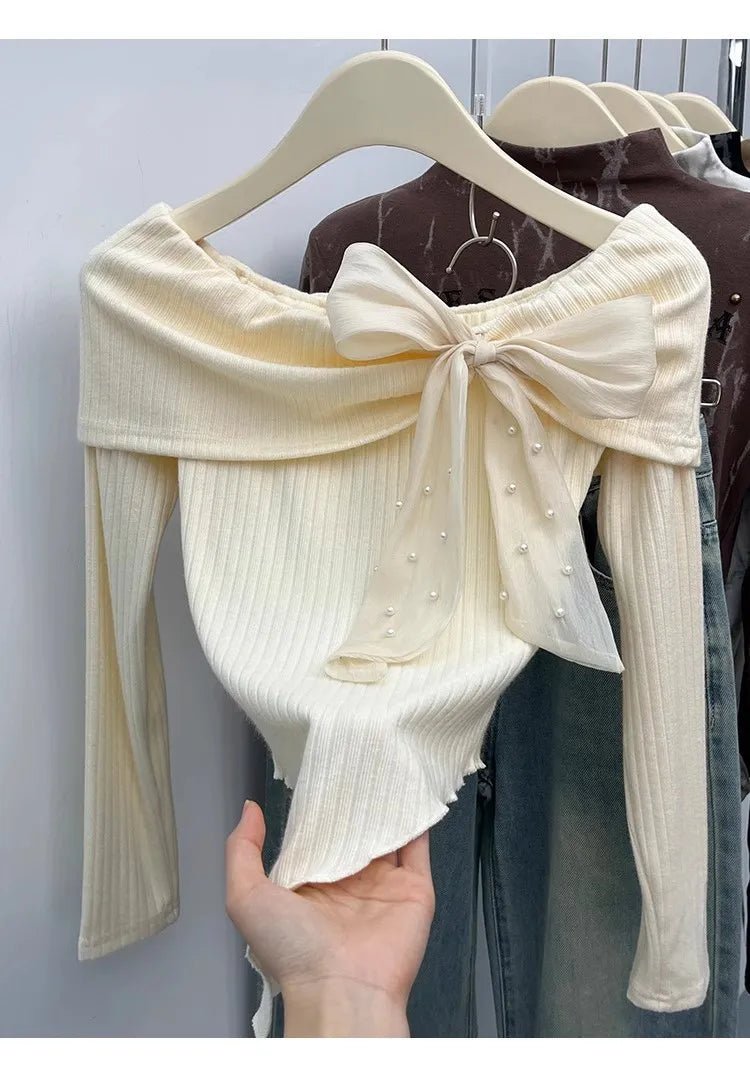 Straight Shoulder Long Sleeve Base Shirt Irregularity Long - sleeved Top Bow Long Sleeve Knit Base - Zeprah