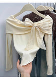 Straight Shoulder Long Sleeve Base Shirt Irregularity Long - sleeved Top Bow Long Sleeve Knit Base - Zeprah