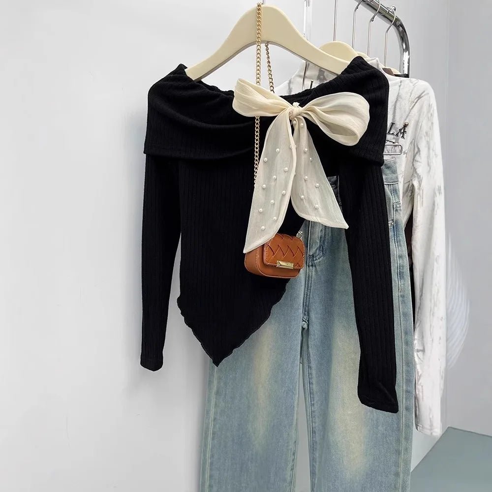 Straight Shoulder Long Sleeve Base Shirt Irregularity Long - sleeved Top Bow Long Sleeve Knit Base - Zeprah