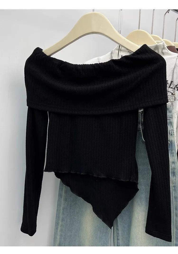 Straight Shoulder Long Sleeve Base Shirt Irregularity Long - sleeved Top Bow Long Sleeve Knit Base - Zeprah