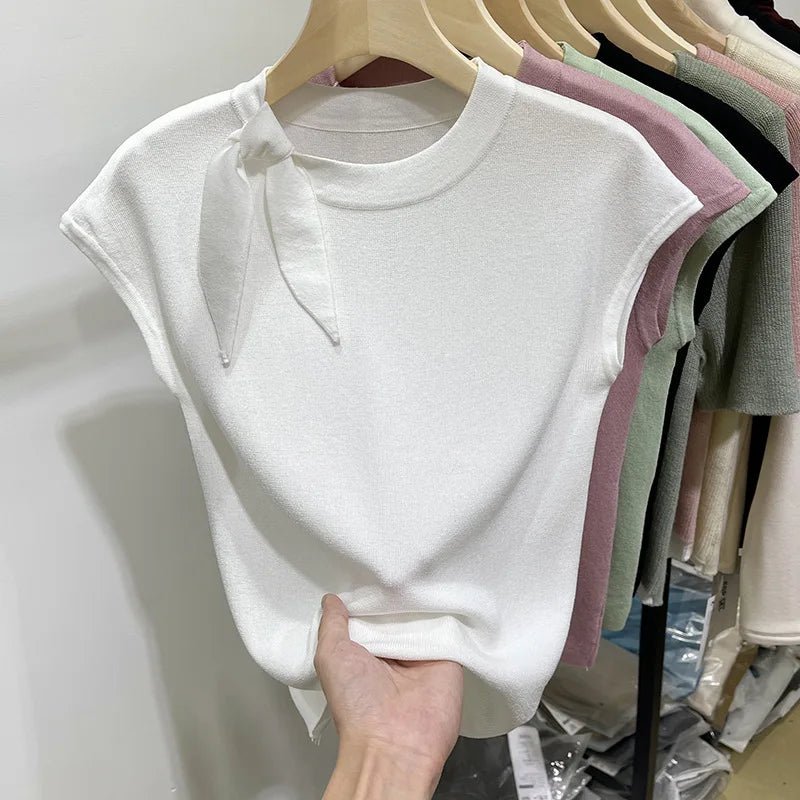 Strap Round Neck Short Sleeve T-shirt Knitted Trendy T-shirt 2025 Summer Slim - fit Tops for Women - Zeprah